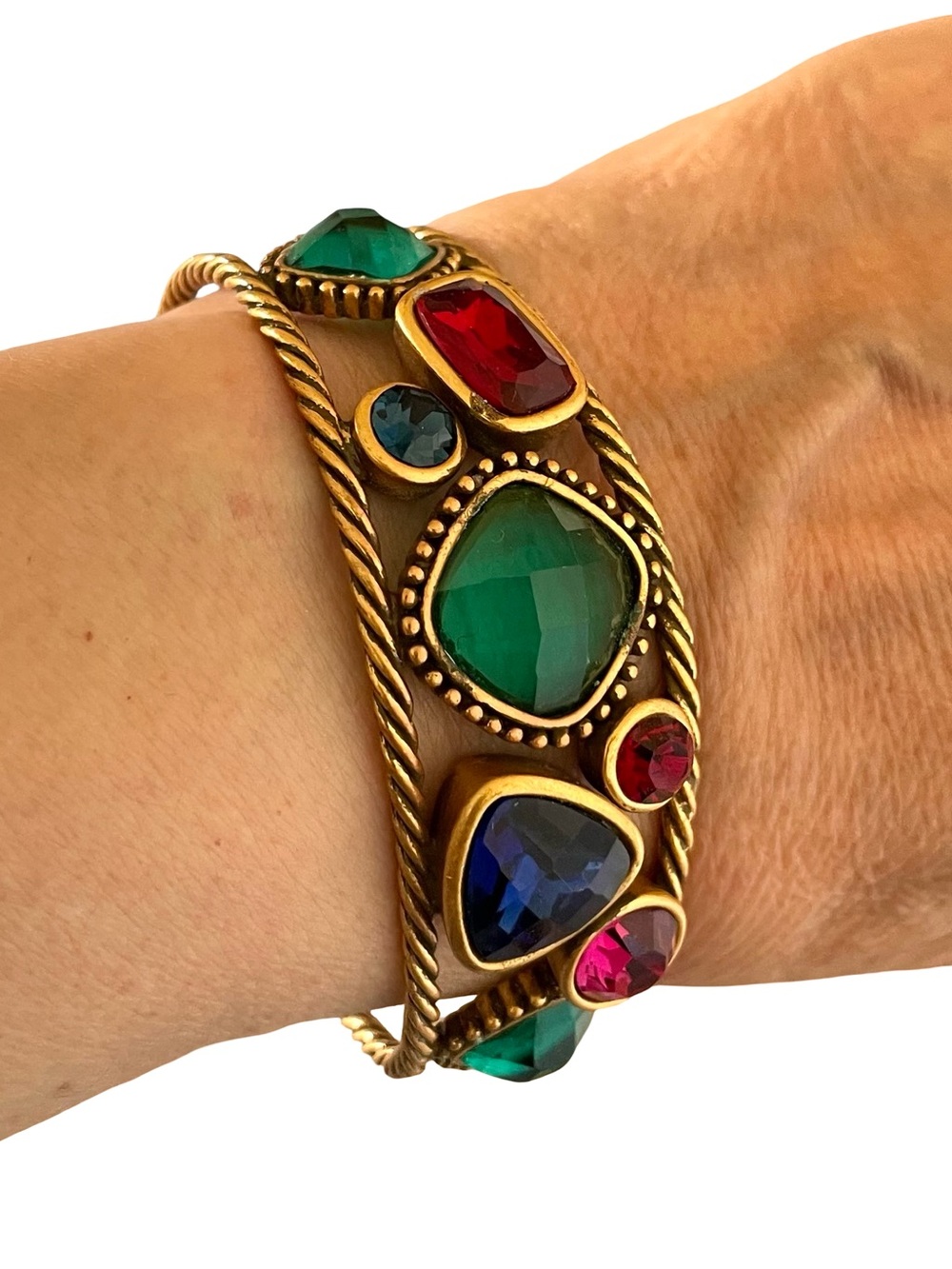 Vintage 1990s Byzantine Inspired Glass Cabochon Cuff Bracelet